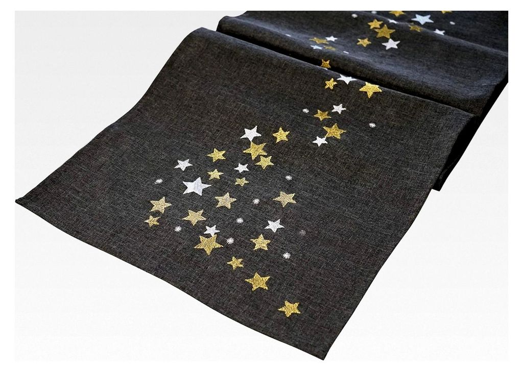 Tischläufer Tischdecke Weihnachten modern in Grau mit Gold- und Silberstickerei