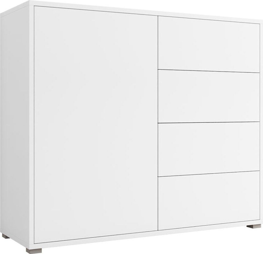 A white dresser with four drawers on the right and a single door on the left.