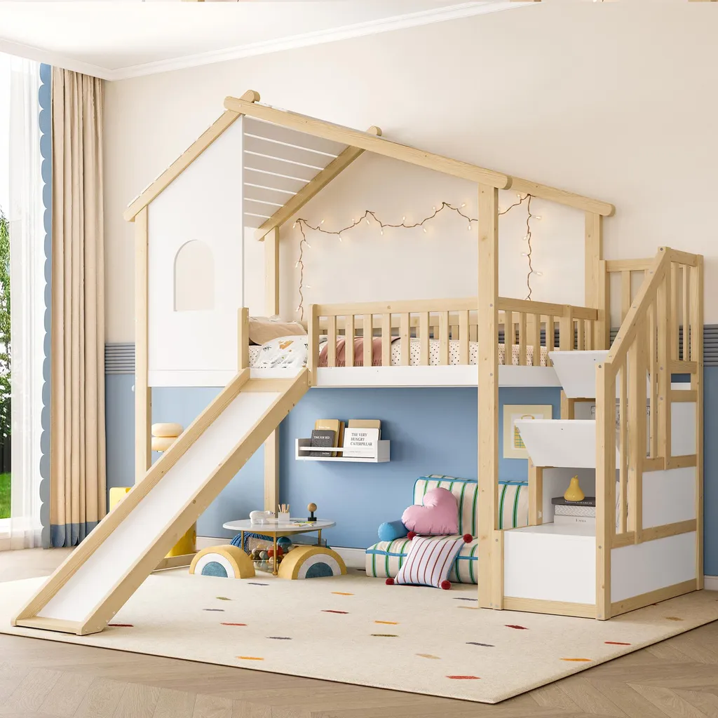Lit Cabane Enfant avec Toboggan et Échelle de Rangement 90x200 Blanc
