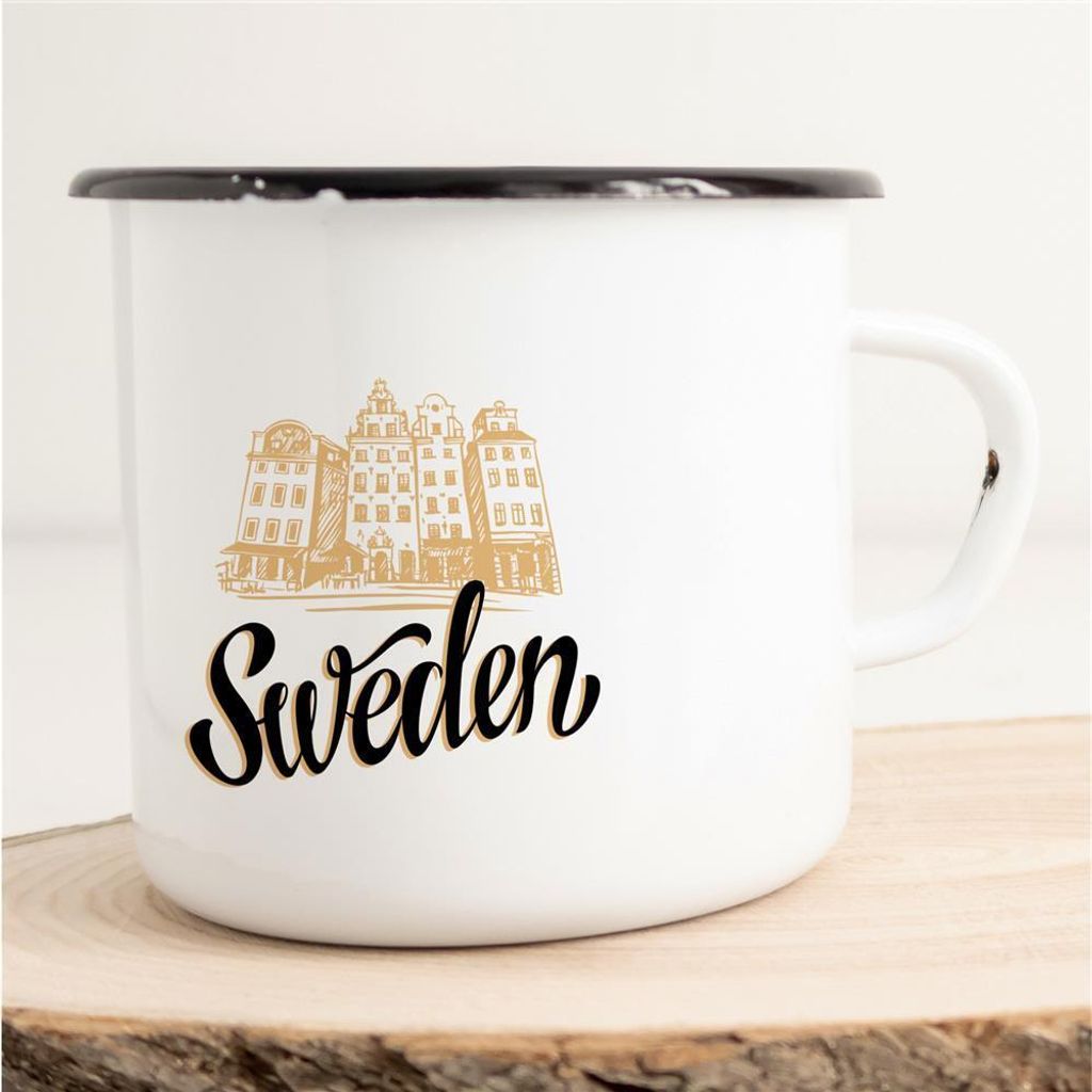 Huuraa Emaille Tasse Sweden Geschenk Kaffeebecher Vintage 300ml Sweden Präsent