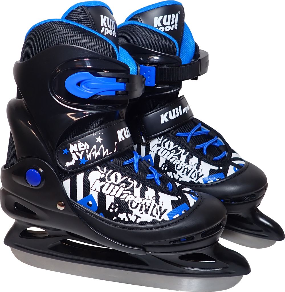 A pair of black and blue ice skates with a graphic design on a white background.