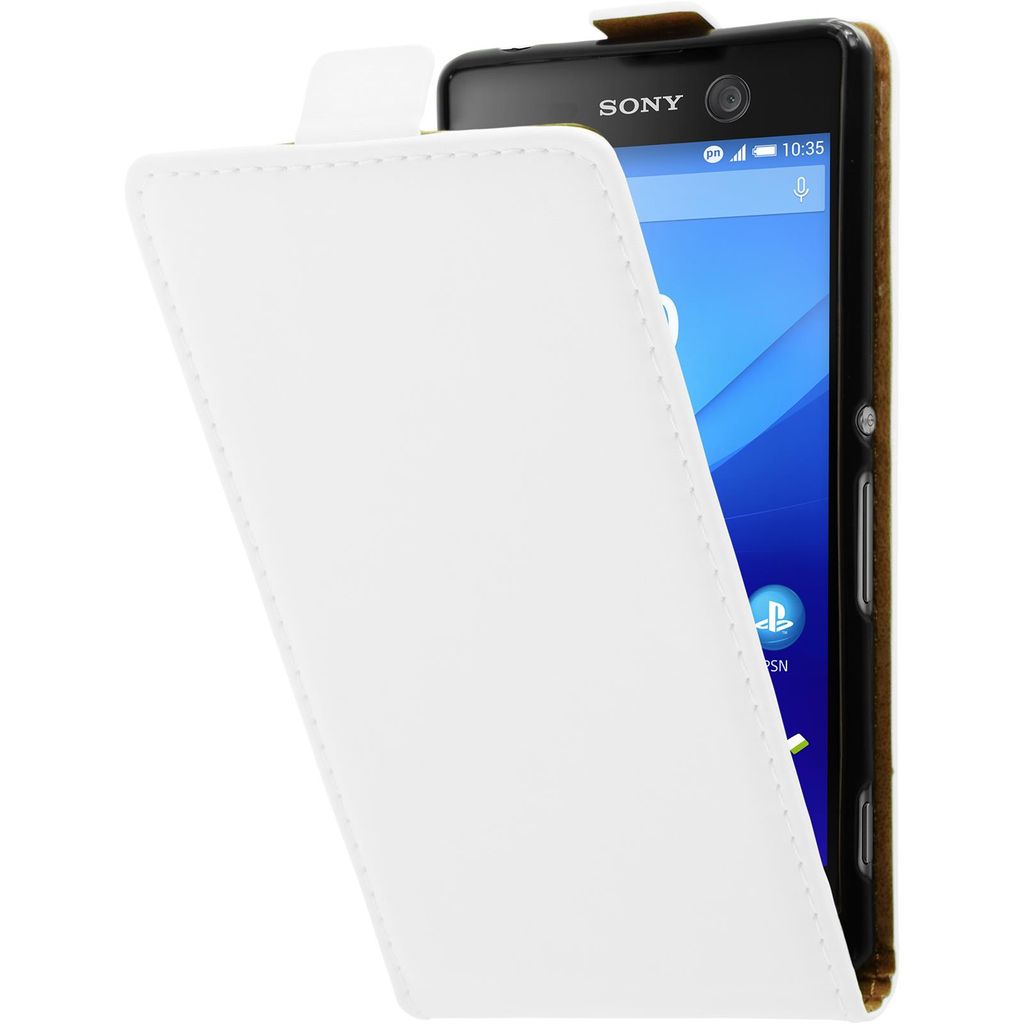 PhoneNatic Kunst-Lederhülle kompatibel mit Sony Xperia M5 - Flip-Case weiß + 2 Schutzfolien
