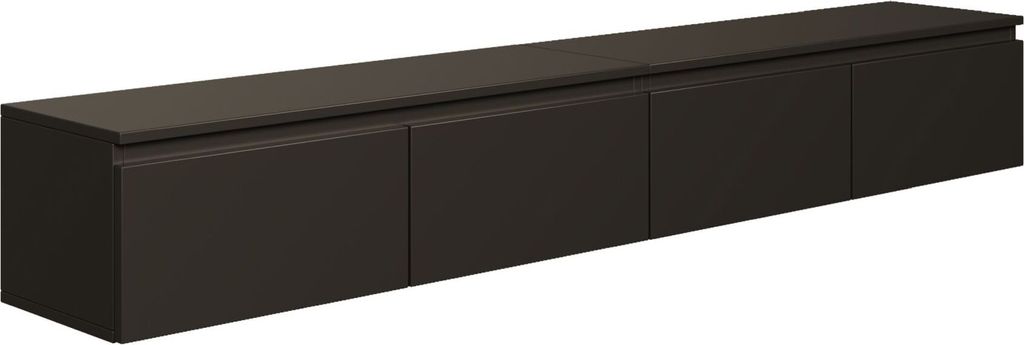 A long, dark, modern TV stand with four cabinet doors, shown from a slightly elevated side angle against a white background.