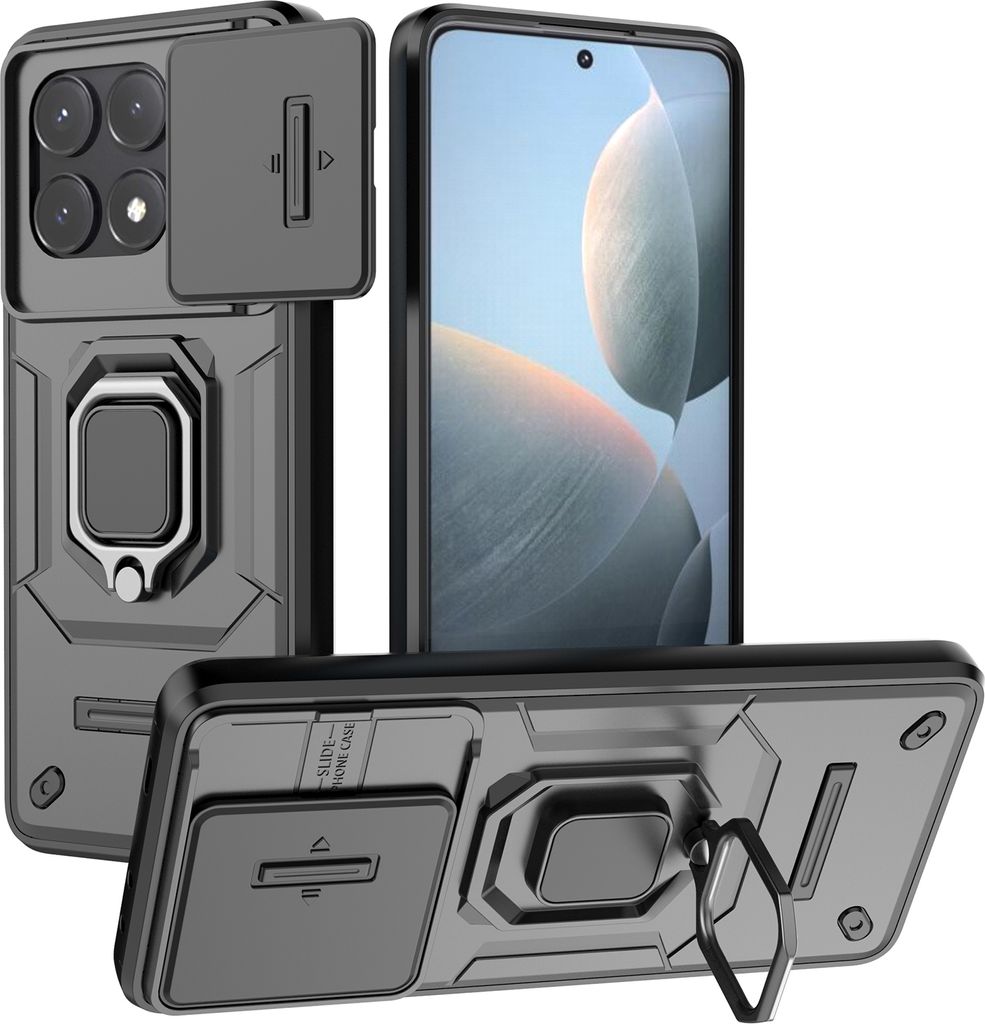 Hülle für Xiaomi Poco X6 Pro/Redmi K70E Dual Layer Handyhülle Schiebe Kamera Schutz und Ringhalter Ständer Schwarz