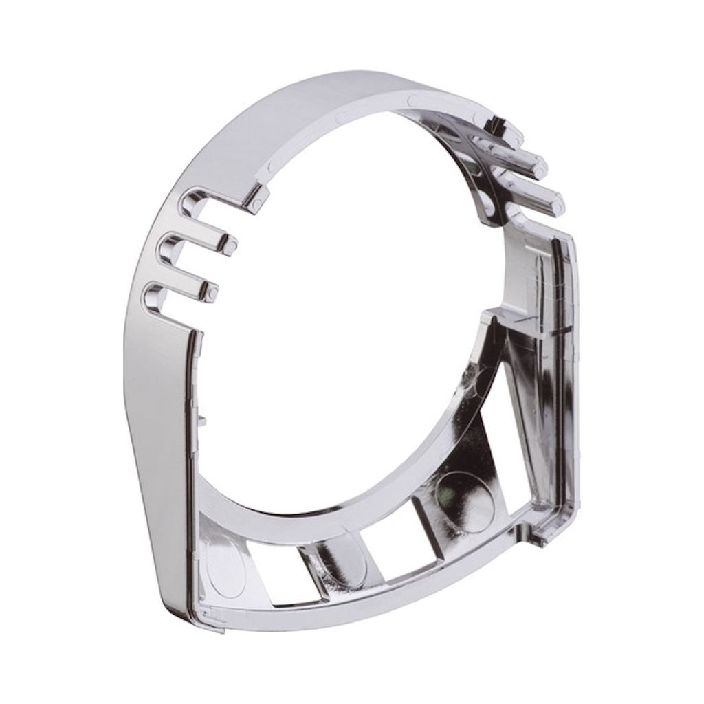 A chrome-plated part of a faucet or shower fixture, likely a housing or mounting component, is shown against a white background.