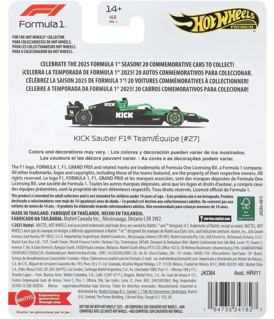 Collection F1 Sauber n° 1 Hot Wheels - Finition Réaliste sans Défauts