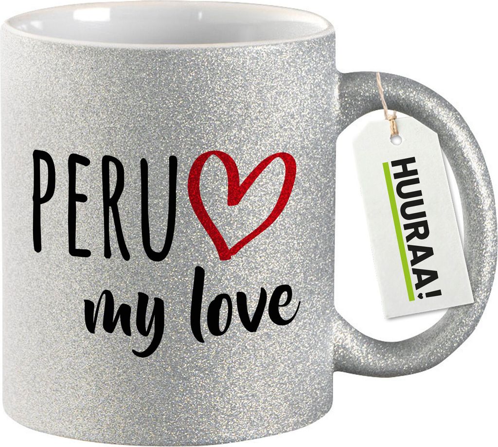 Huuraa Glitzertasse Peru my love 330ml Silber Keramik Kaffeebecher Geschenkidee