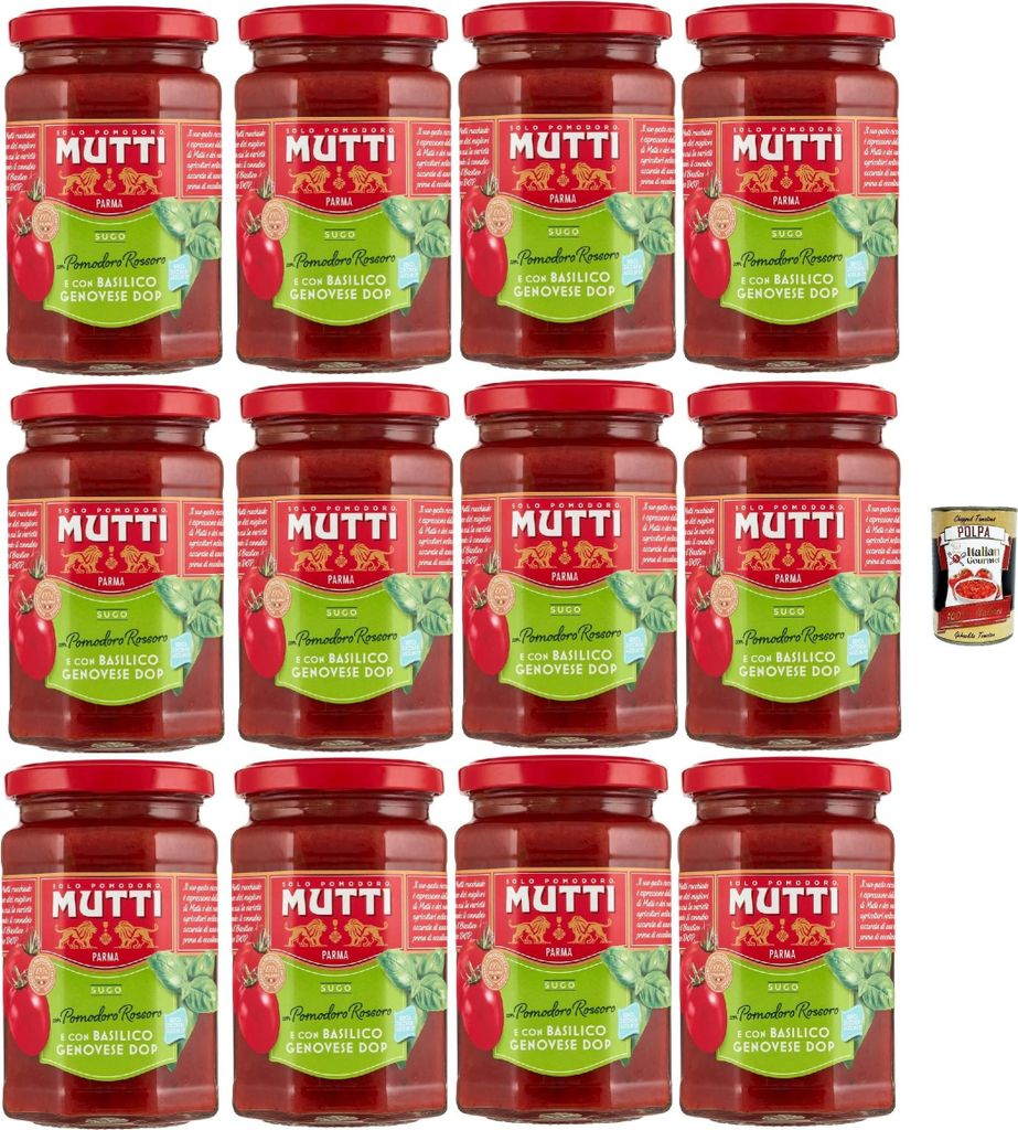 Mutti Sugo di pomodori con pomodoro rossoro e con "Basilico Genovese DOP, Tomatensauce mit Rossoro -Tomaten und mit "Genovese Basilikum Dop", 12x 2...