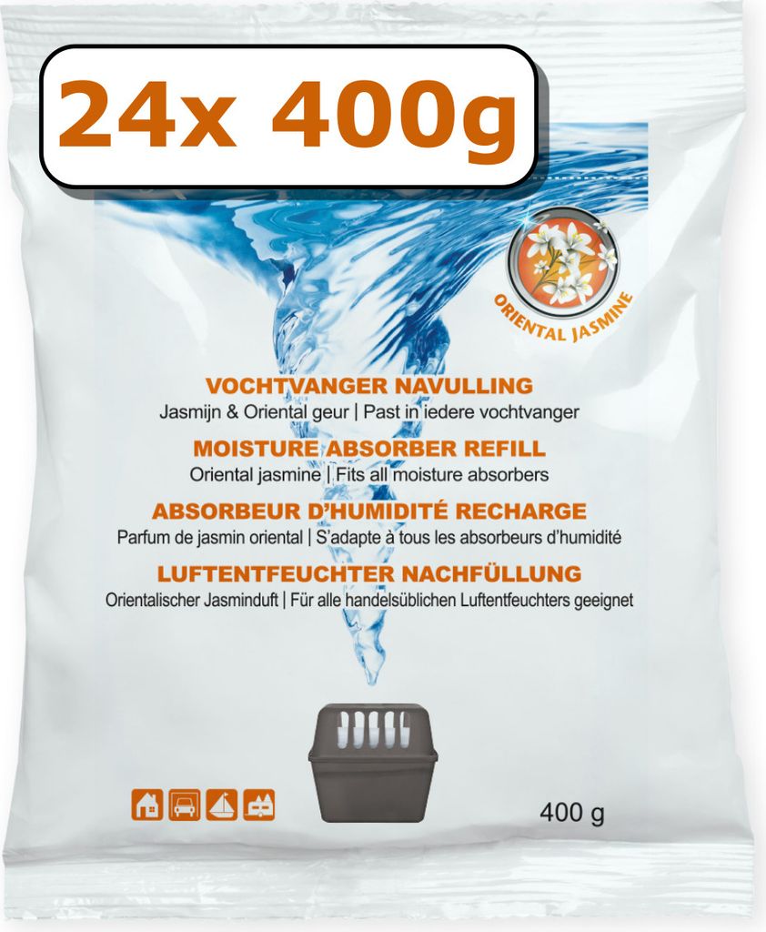 24x Luftentfeuchter Nachfüllung - 400 Gramm - jasminduft - Granulat im Vliesbeutel - Feuchtigkeit Absorber Nachfüllpack
