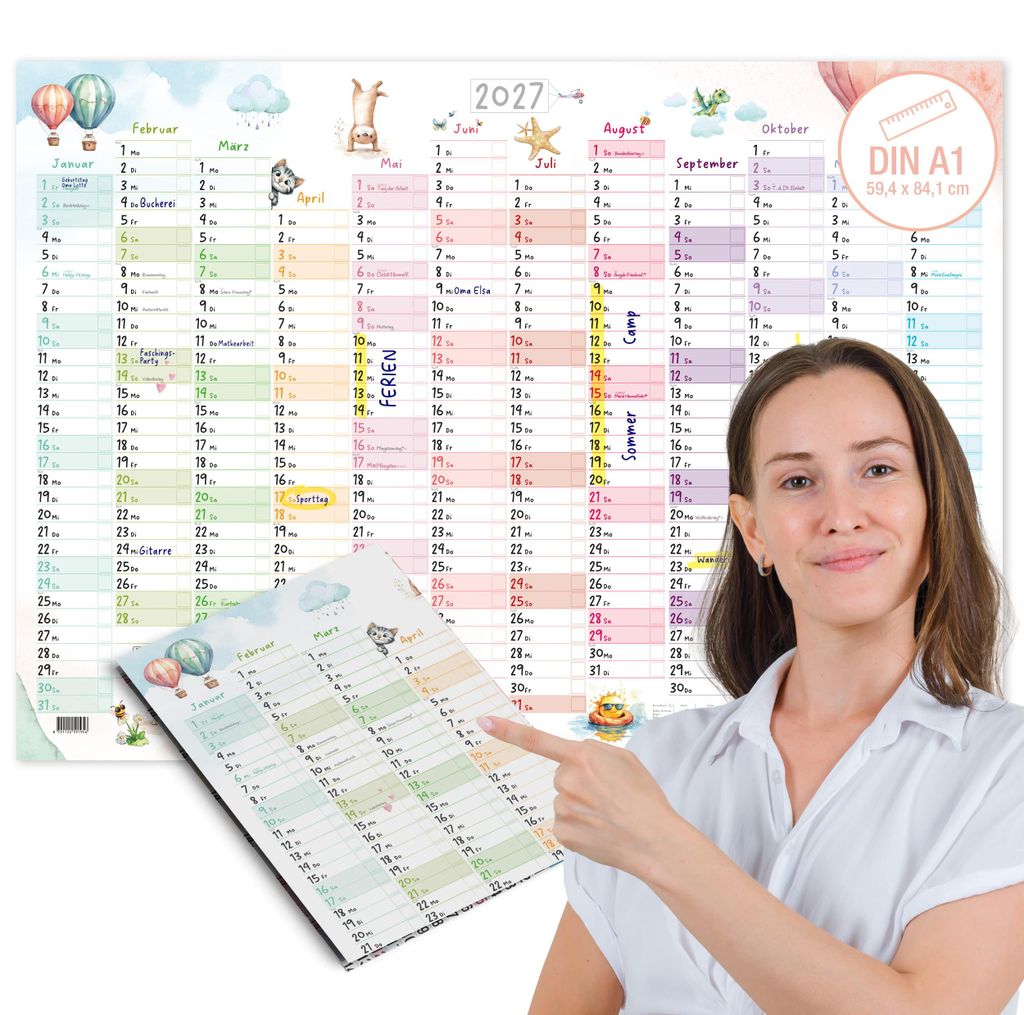 Wandkalender 2027 A1 Tierwelt Aquarell – Großer Jahreskalender mit Ferienkalender DE große Felder