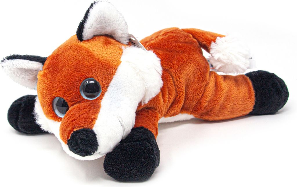 A plush toy fox lying on a white background.