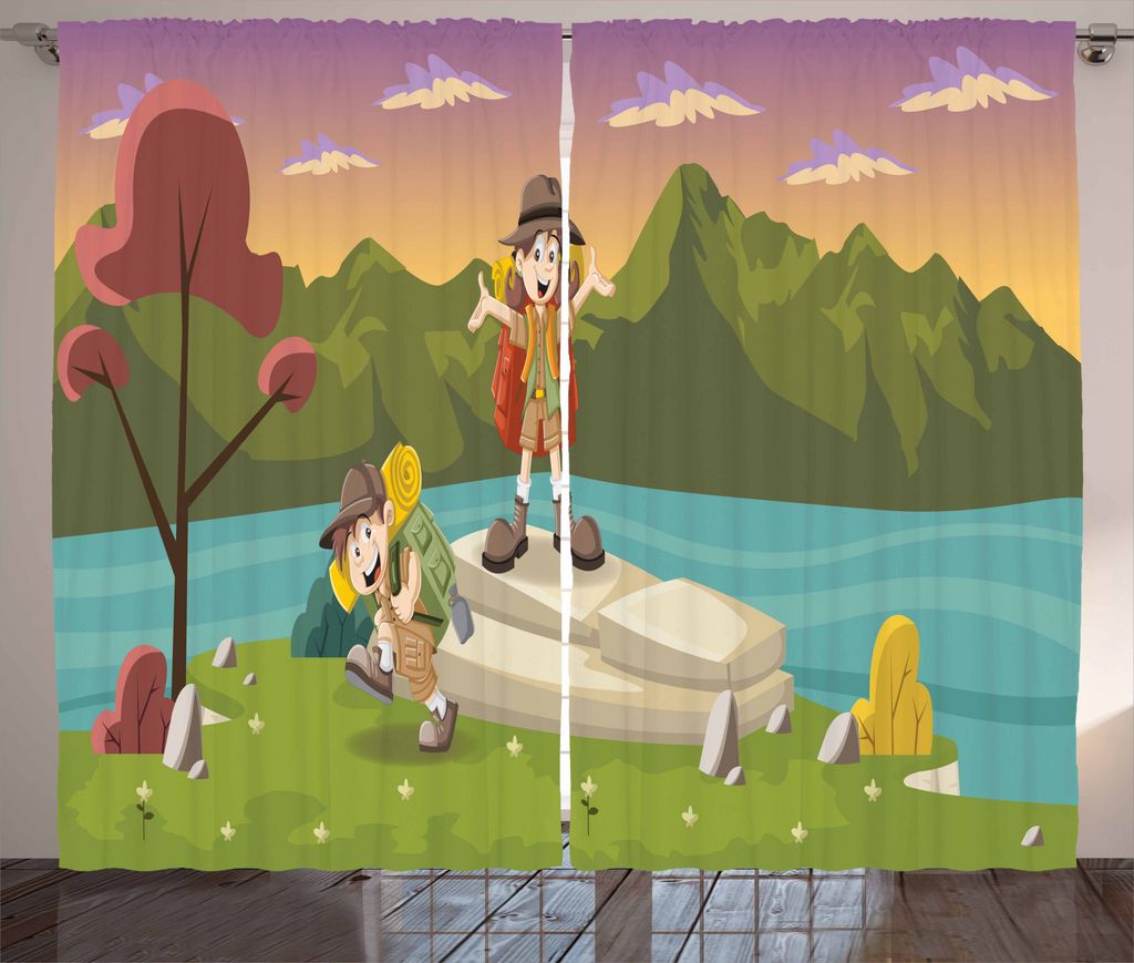 ABAKUHAUS Pfadfinder Rustikaler Gardine, Best Friends Go Camping, Schlafzimmer Kräuselband Vorhang mit Schlaufen und Haken, 280 x 175 cm, Mehrfarbig