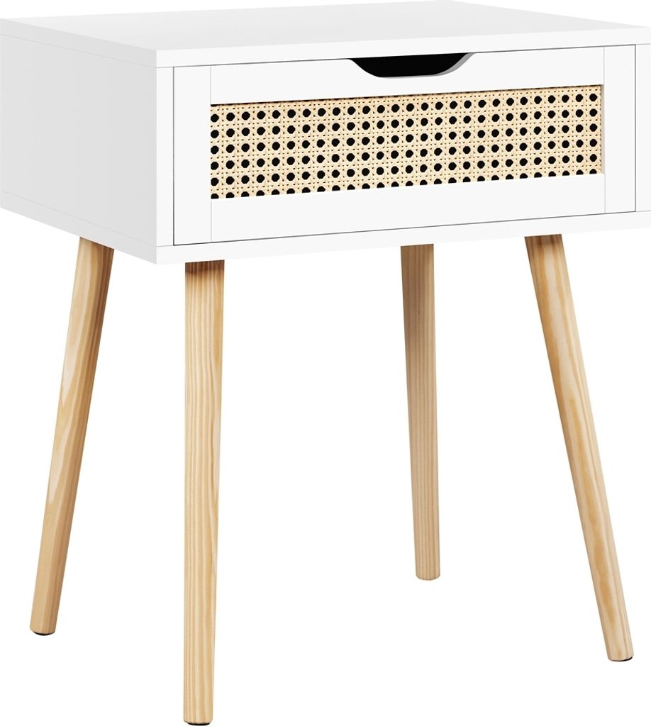 A white nightstand with a rattan drawer front and wooden legs, presented on a white background.