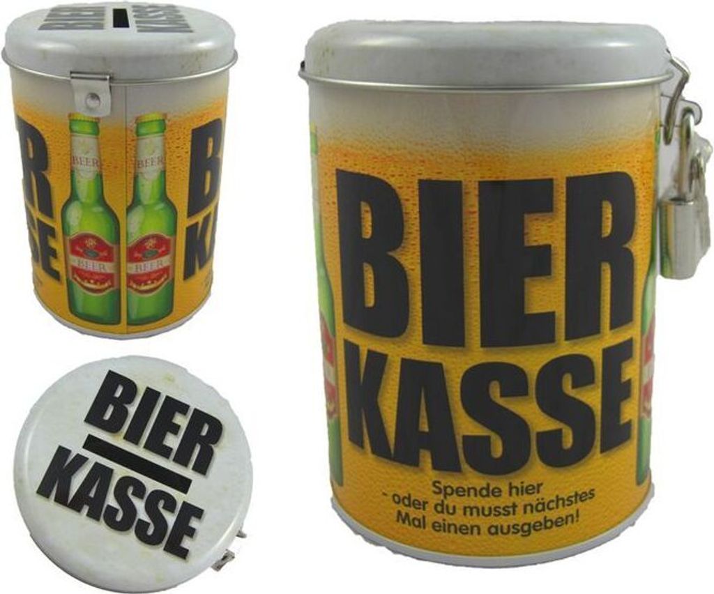 Bierkasse Spardose, Bier Design, mit Vorhängeschloss und Produktbild 