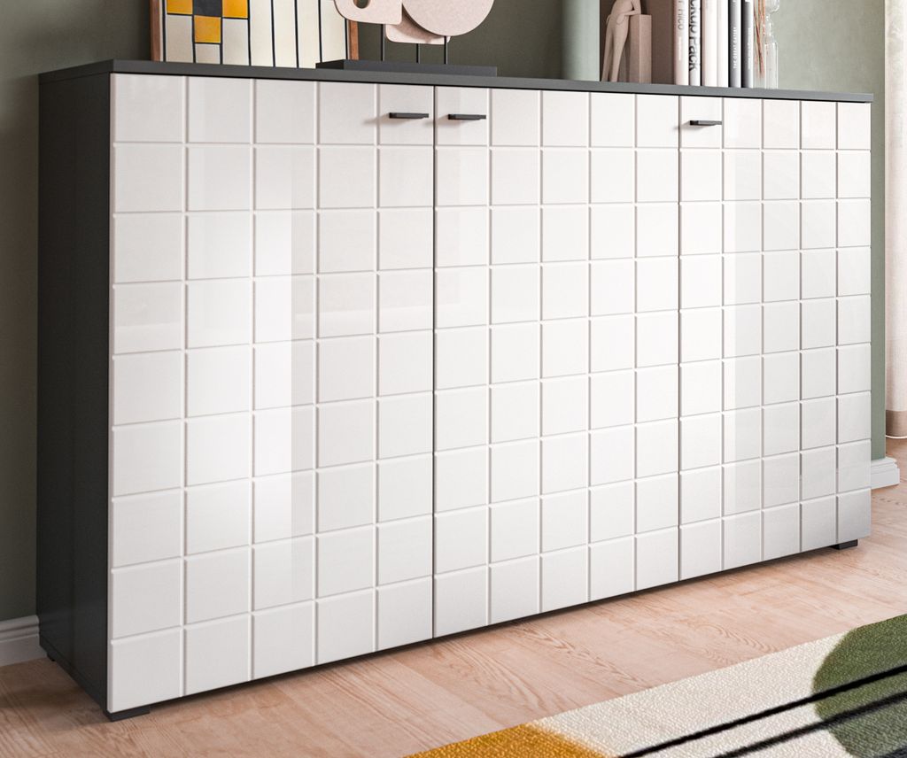 Sideboard "Hakon" in weiß Hochglanz und grau Kommode 138 x 86