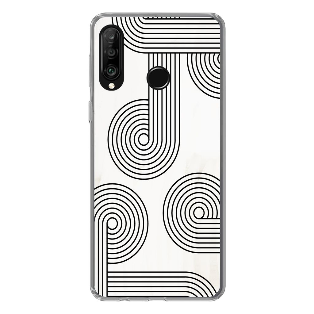 MuchoWow Handyhülle Schutzhülle Hülle für Huawei P30 Lite Abstrakt - Schwarz - Weiß - Kreis Silikon Softcase Handy Hülle - Handyhülle