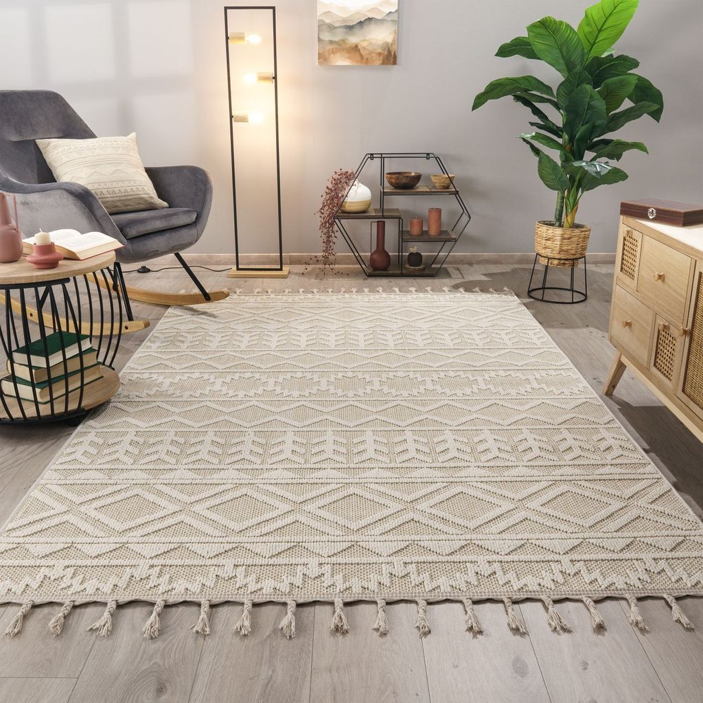 TT Home Wohnzimmer Teppich Esszimmer Kurzflor Skandinavisches Boho Design Uni 3D Fransen Größe 120x160 cm