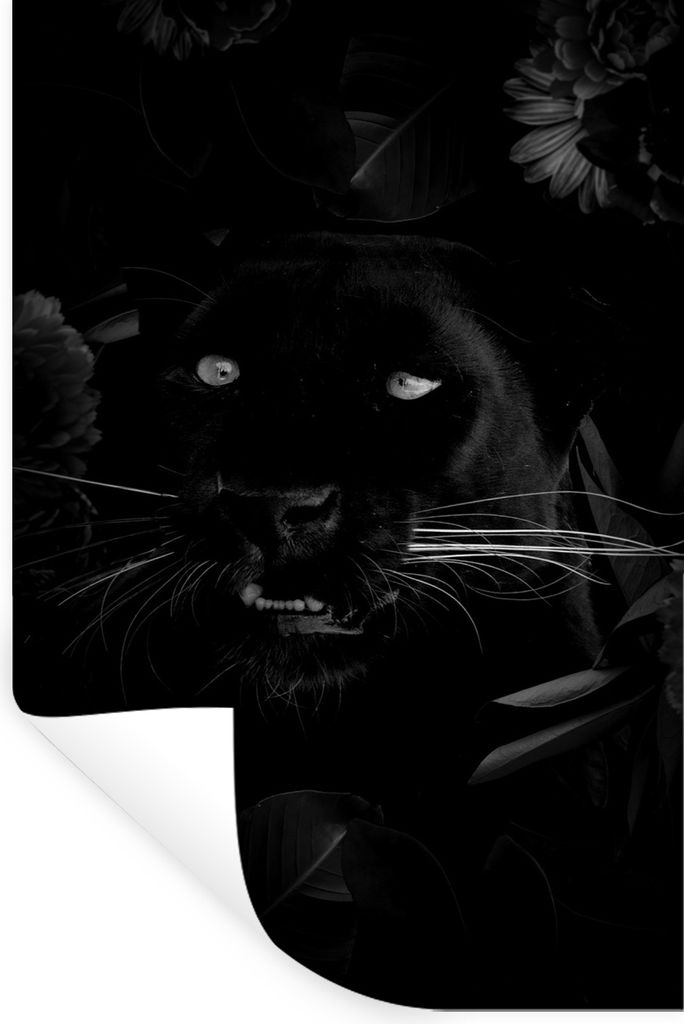 MuchoWow Wandtattoo Wandsticker Wandaufkleber Botanischer Panther vor schwarzem Hintergrund - schwarz und weiß 20x30 cm Selbstklebend und Reposi...