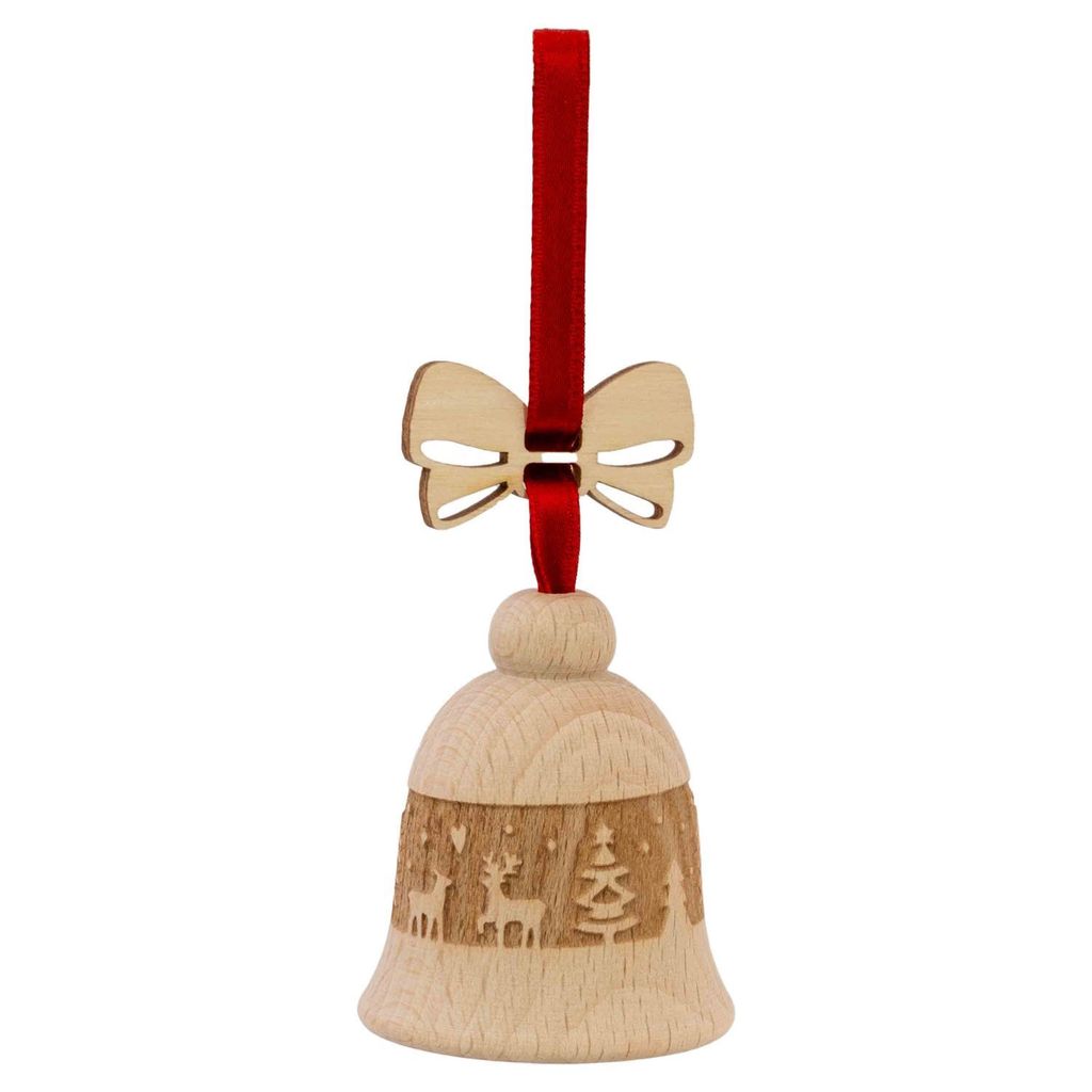 Glocke mit Schleife, Buche, 5 cm, Motiv:mit Hirschen