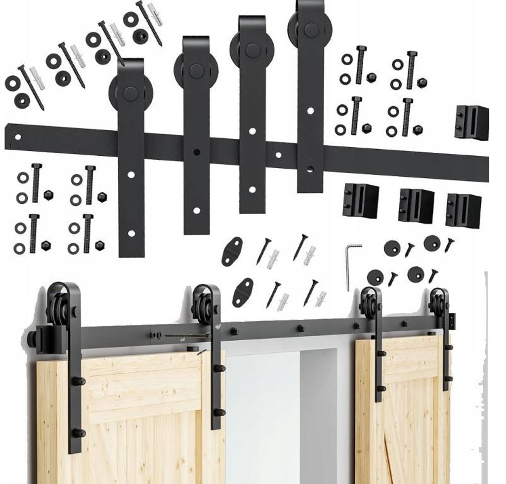 A set of barn door hardware components is laid out on a white background, with a partial view of installed barn doors at the bottom.