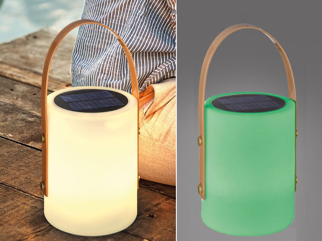 Two images of a solar lantern, one lit white and the other lit green, placed on a wooden surface.