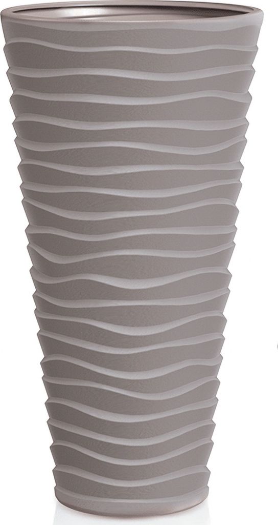 A tall, gray planter with a wavy texture.