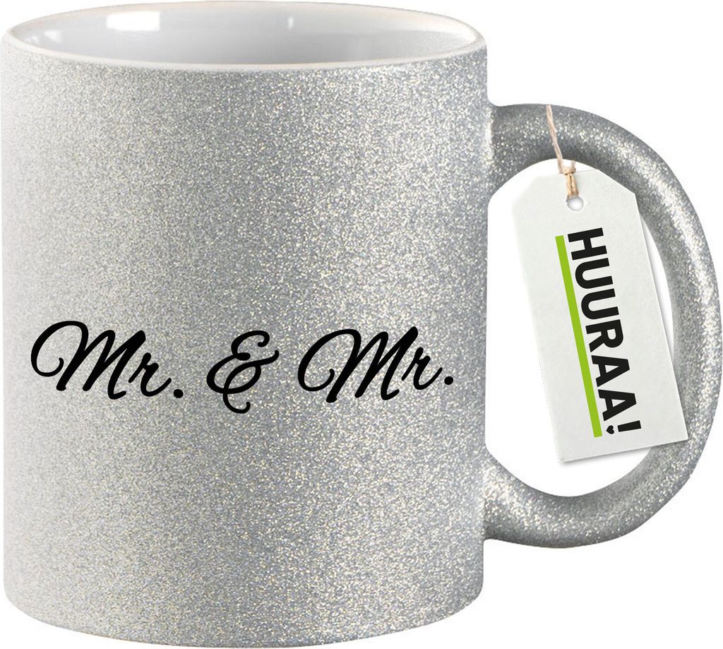 Huuraa Glitzertasse Mr. & Mr. Schriftzug 330ml Silber Keramik Kaffeebecher Geschenkidee