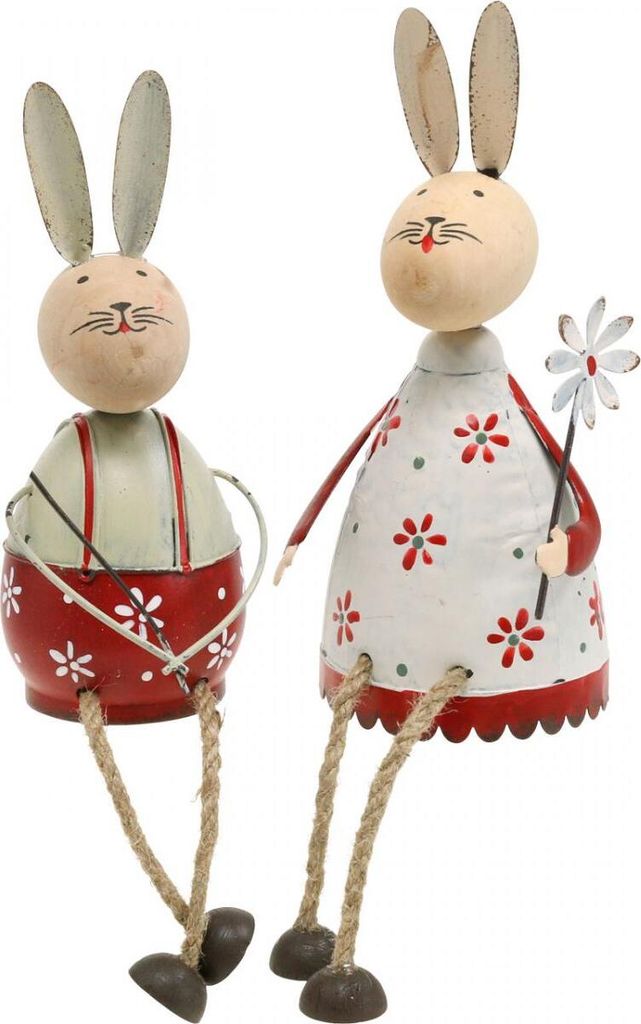 Ostern Kantensitzer Dekofiguren Hase mit Kind, Landhausstil Osterhasen aus Holz und Metall, Fensterbank Dekoration, Rot Creme, 2er-Set H21/23cm
