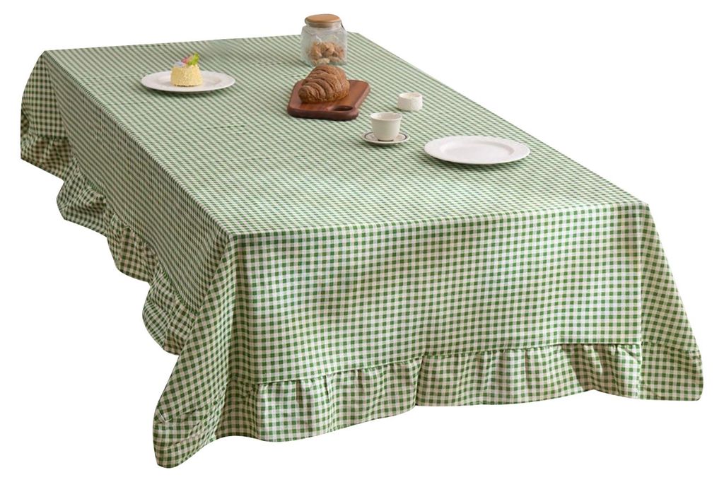 Retro-Tischdecke mit Karomuster und Rüschen, Baumwoll-Leinen-Stil, rustikale Tischdecke im Landhausstil, maschinenwaschbar, für Esszimmer, Garten...