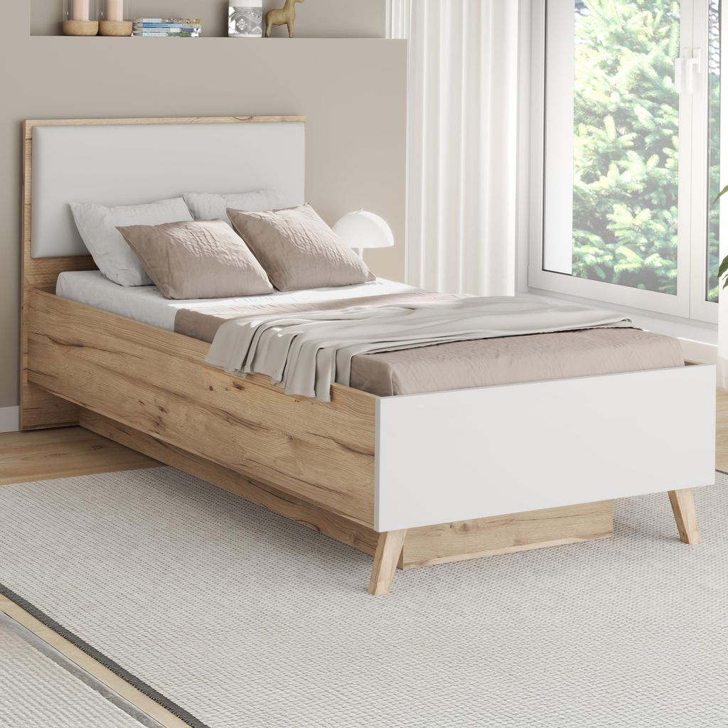 Forte VANKKA Bettgestell, Liegefläche: 90 x 200 cm , Skandi Bett mit Polsterkopfteil, Einzelbett, Schlafzimmer, Holzwerkstoff, Planked Eiche Holzd...