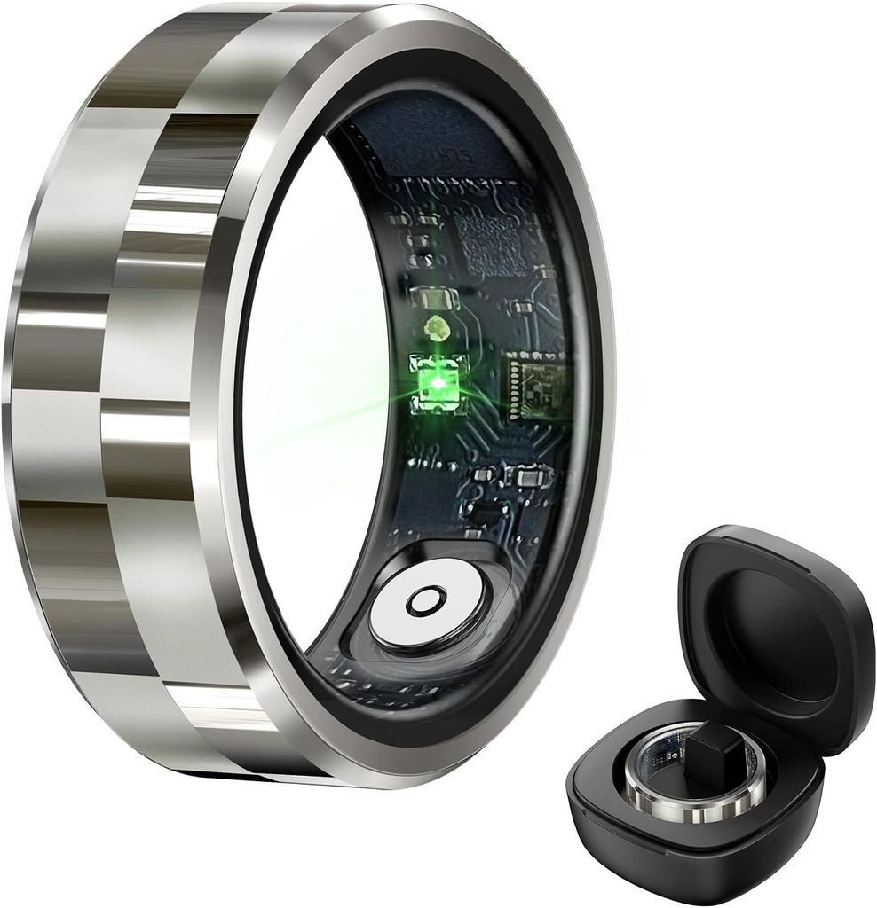 Smart Ring, Smart Ringe mit Kalorien-/Herzfrequenz-/Blutsauerstoff-/Schlafüberwachung, mit Ladeetui, für Android 6.0+ und iOS 11.0+ (Silber, 9#)