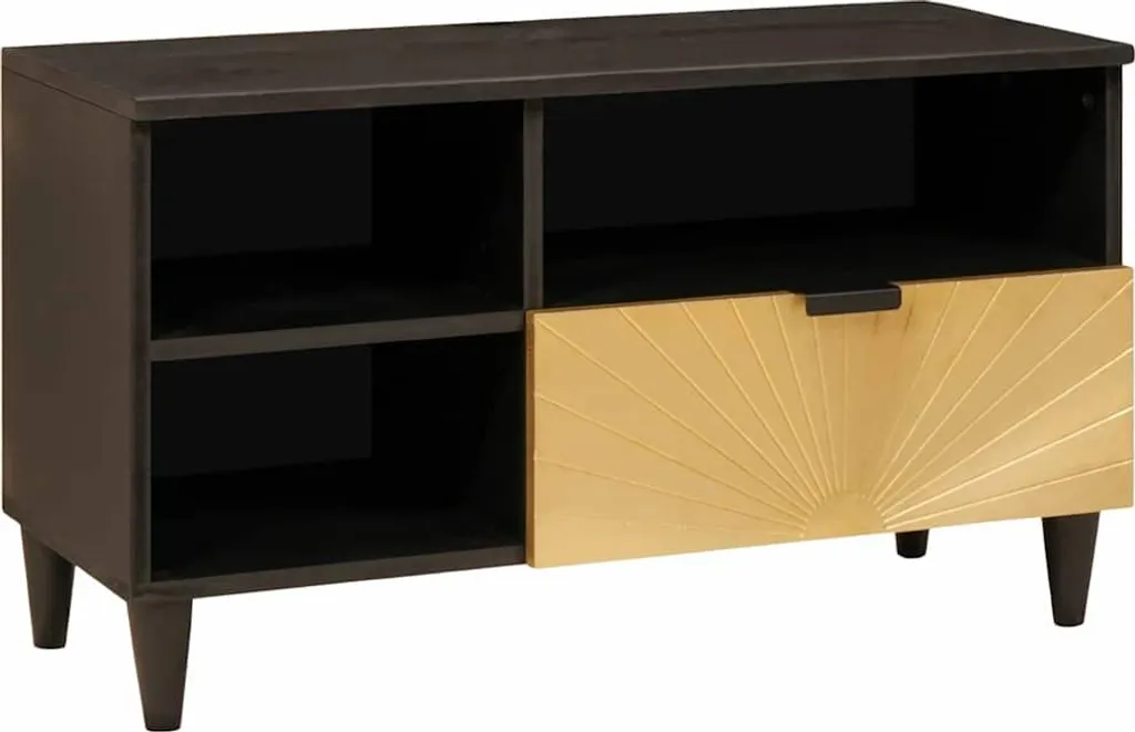 Mobile TV Nero e Oro 80x33x46 cm Legno Massiccio Mango Hommie2127325
