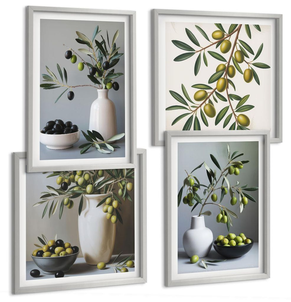 Bilder Set 4-teilig im silbergerahmten Rahmen – Wandbilder 4 Stück – gerahmte Poster für Wohnzimmer, Schlafzimmer und Flur – 50x50 cm - 40x...
