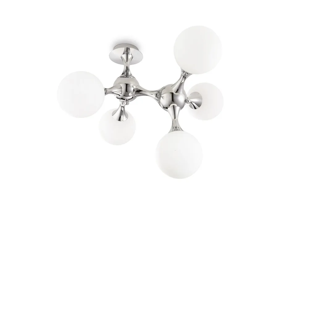 Suspension chrome salon et salle à manger Nodi avec 5 globes en verre
