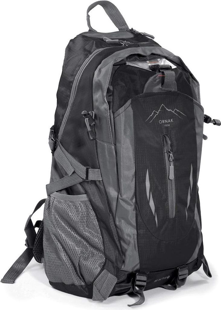 A black and gray backpack shown from a diagonal front view against a white background.