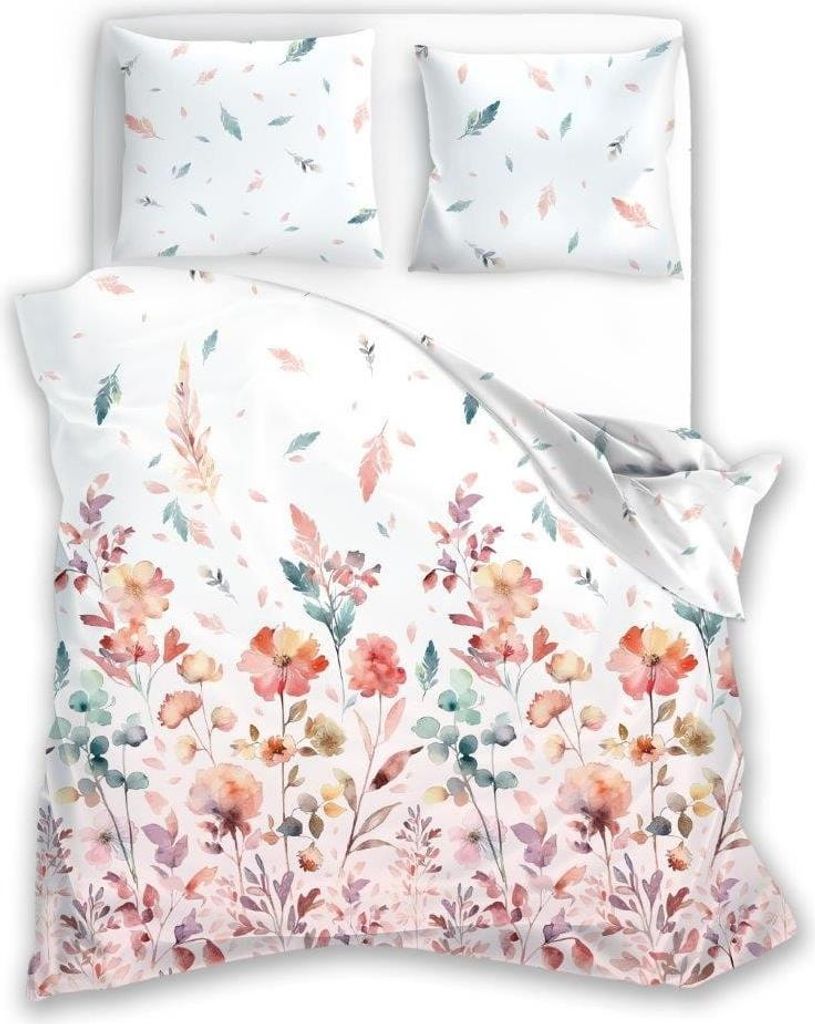 A top-down view of a floral patterned duvet and pillow set.
