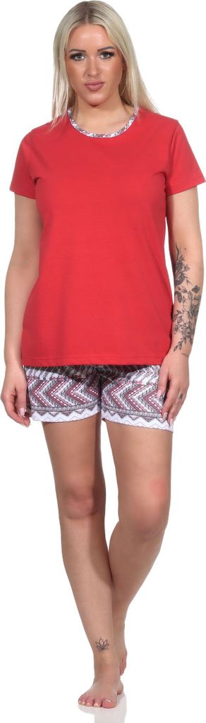 Verspielter Damen Shorty Schlafanzug, kurzärmliger Pyjama im Ethno-Style ; rot , 36-38