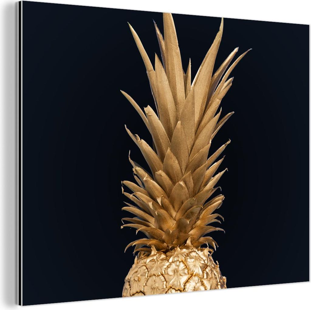 MuchoWow Wanddekoration Metall Metallbild Wandkunst 80x60 cm Ananas - Gold - Farbe - Schwarz - Obst - Luxus MuchoWow Aluminium Gemälde - Alubild