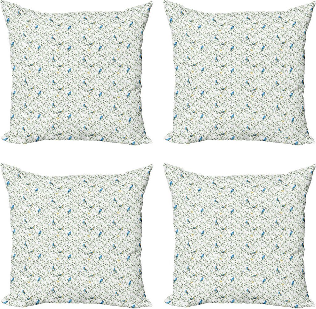 ABAKUHAUS Vögel Kissenbezug Set (4 Stück), Thin belaubten Zweigen Beeren, Moderner Doppelseitiger Digitaldruck, 60 cm x 60 cm, Resedagrün Multic...