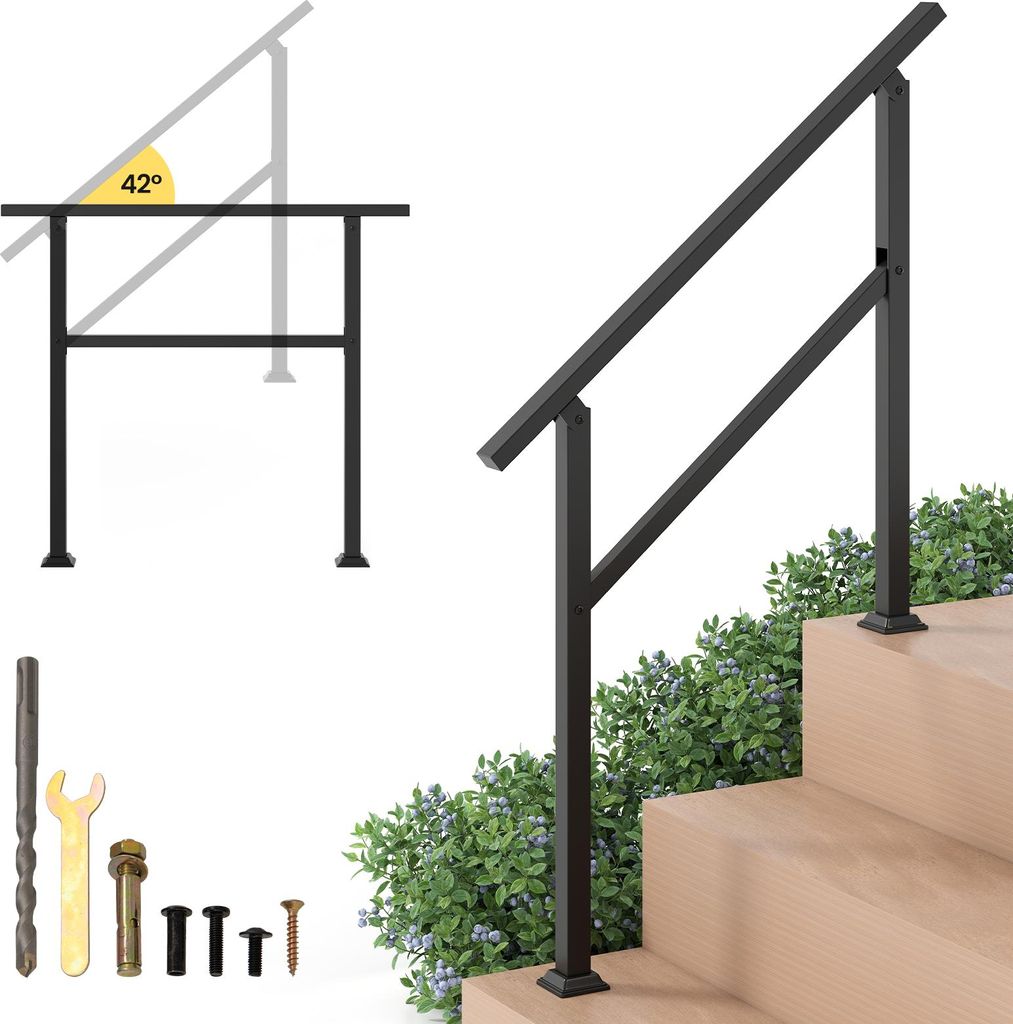 A black metal handrail is shown installed on wooden steps, with greenery surrounding the base. A diagram illustrating angle adjustment is in the upper left corner, along with various mounting hardware.