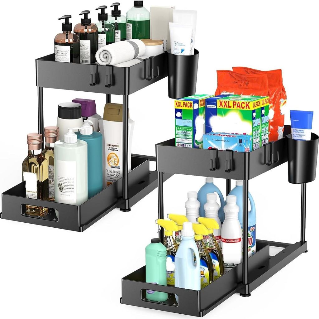 Ablageregal Arbeitsplatte Badezimmer Schubladen Küchen Organizer Regal 2 Ebenen Multifunktionales Spülschrankregal mit Ausziehbare Schublade, 2-tlg.