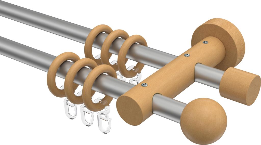 Interdeco Gardinenstange / Vorhangstange Silbergrau / Buche lackiert, Typ Adrian Geo (Kugel), 16 mm Ø 2-läufig, 100 cm