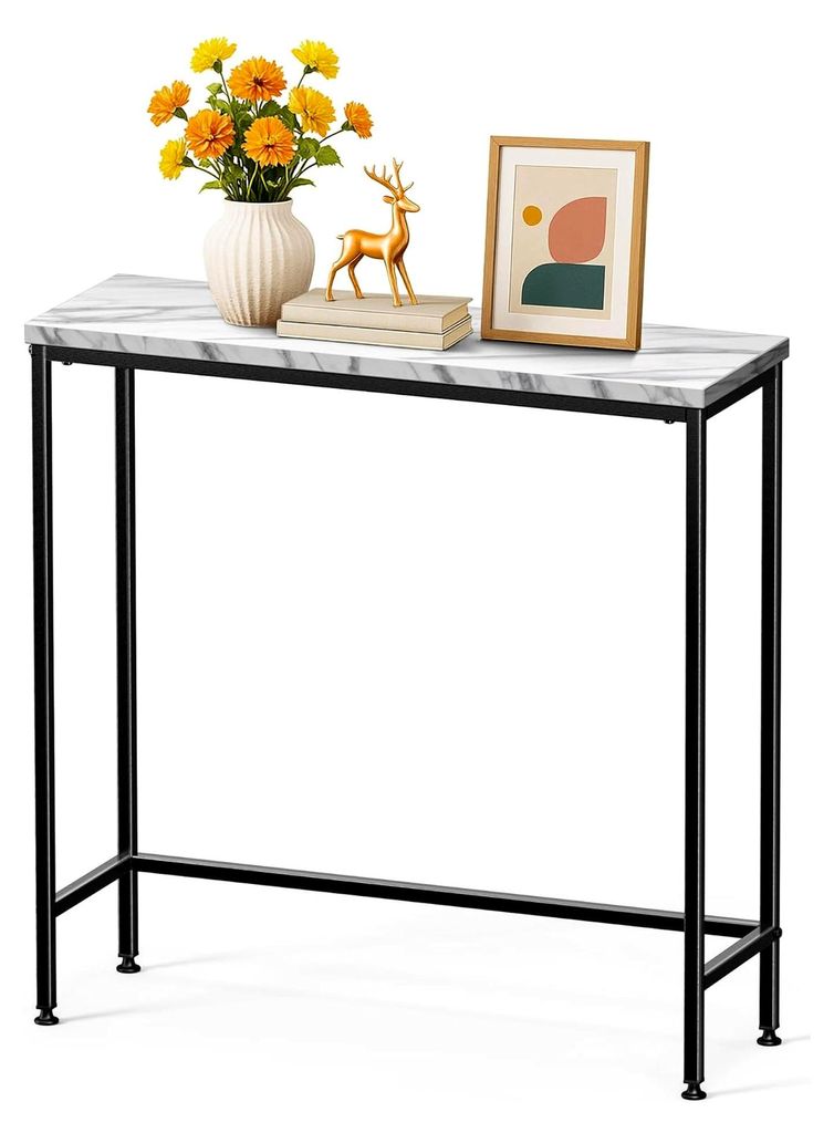 Schmaler Konsolentisch, Flurtisch aus Metall und MDF, Moderner Beistelltisch für Flur, Wohnzimmer, Schlafzimmer, 75×24×75 cm, Weiß