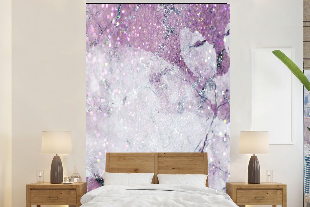 MuchoWow Fototapete für Wohnzimmer oder Schlafzimmer Wandtapete Vinyl Motivtapete Marmor - Glitter - Lila - 195x300 cm - Das Hintergrundbild