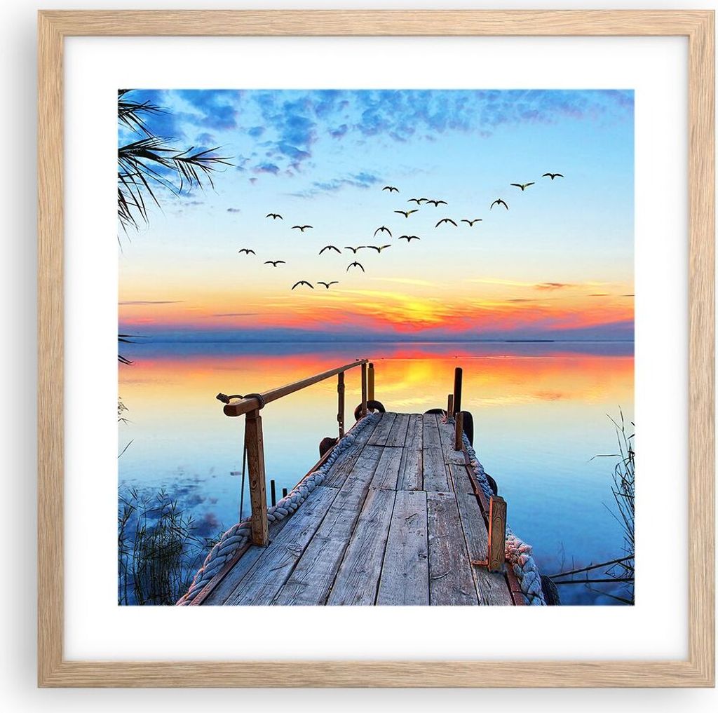 Gerahmtes Poster - Rahmen in heller Eiche - Brücke See - 40x40 cm - Wand Bild - Wanddeko - Wandbilder - Kunstposter - Wandposter - Bilderrahmen - ...