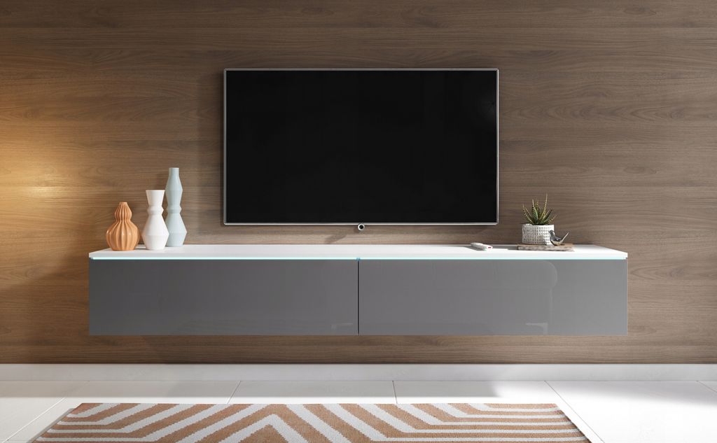 Tavolino per TV CERIEE 180 - bianco / grigio lucido Immagine del prodotto 