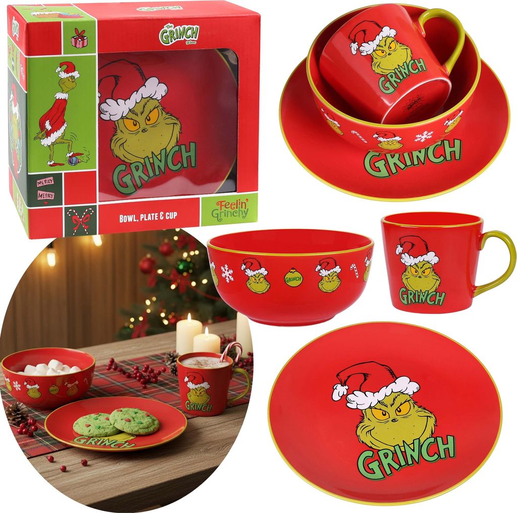 Grinch Weihnachtsgeschirrset – Tasse, Teller, Schüssel, rotes Frühstücksset