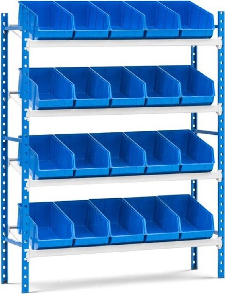Schrägbodenregal MAXIMUS mit 15x Sichtlagerboxen à 15,3L | Fachlast 130kg | Grundregal | HxBxT 120x125x40cm | 3 Ebenen | Lichtblau/Lichtgrau