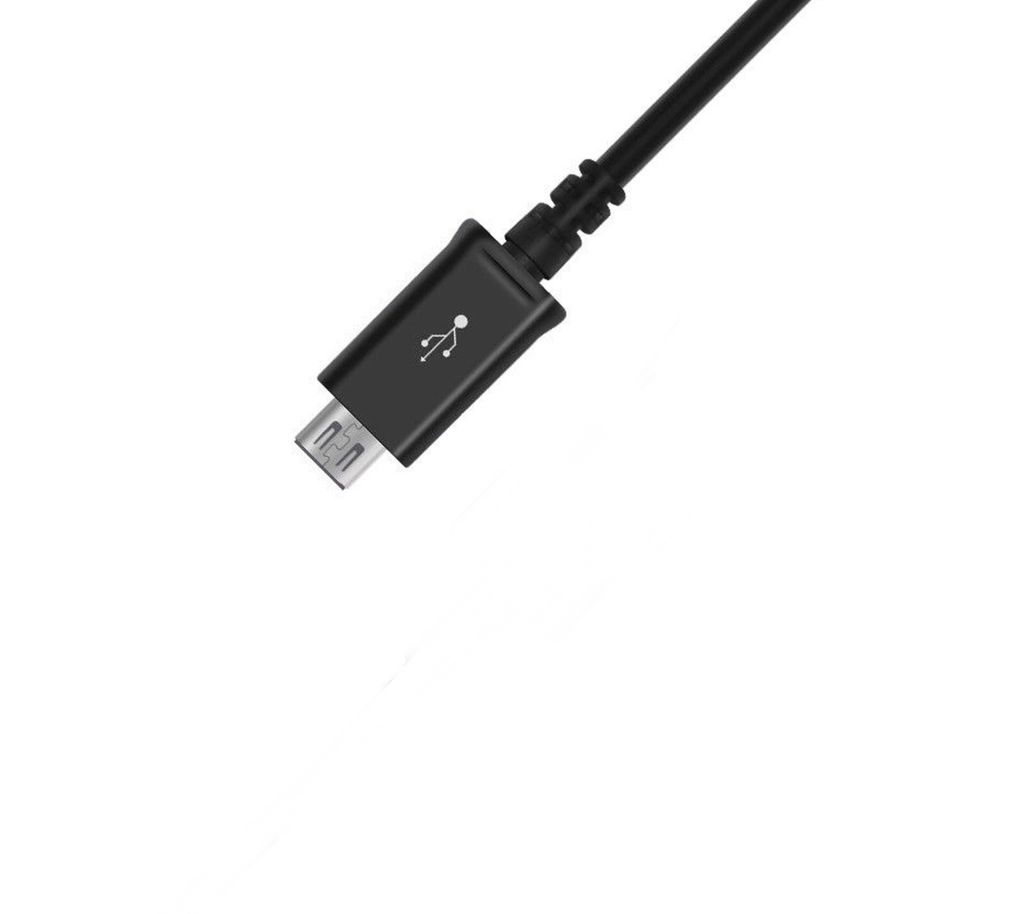 A close-up shot of a black Micro USB cable connector with a USB symbol.
