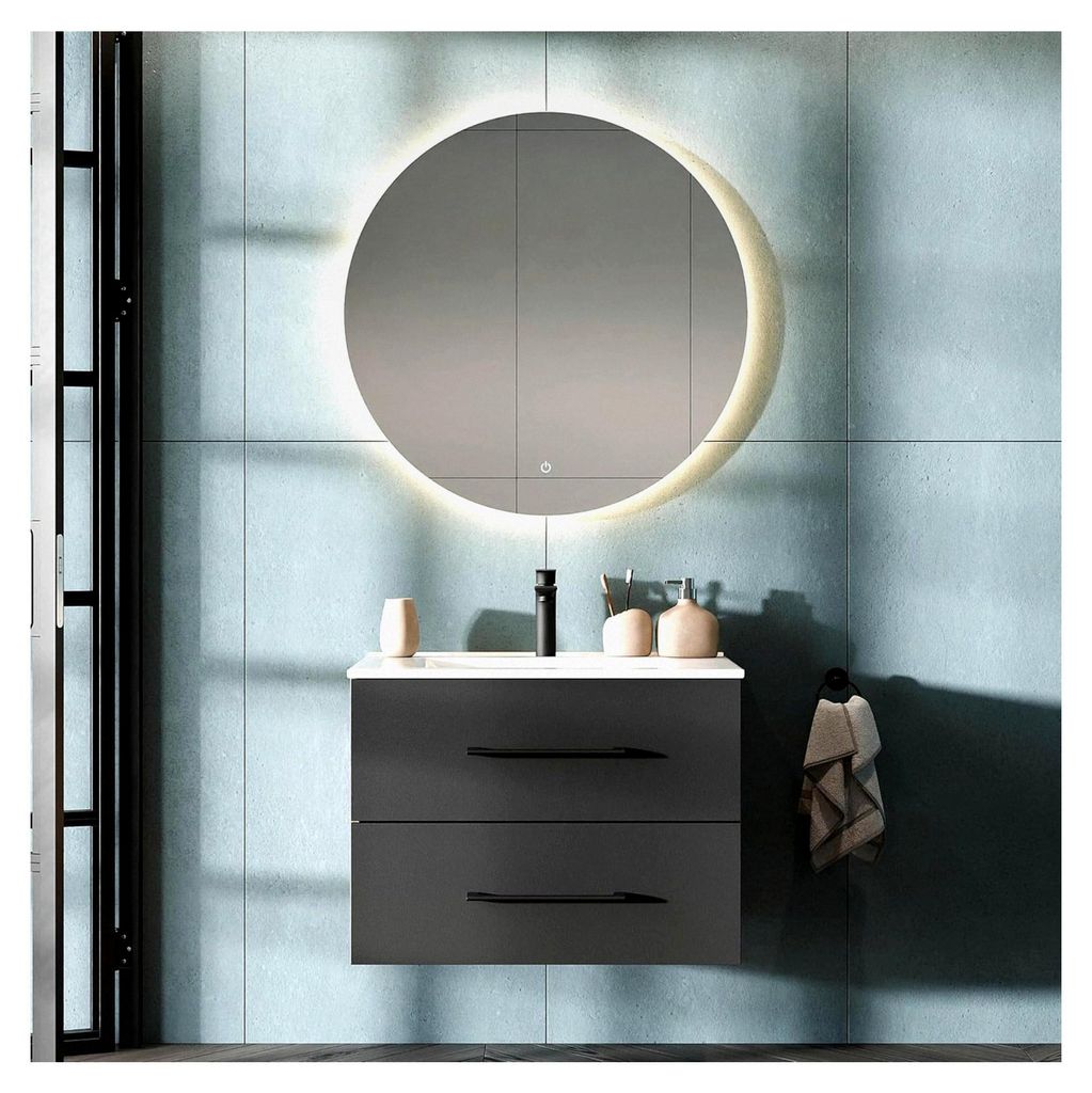 LUX Badmöbel Waschtisch mit Waschbecken 70 cm, Keramik Waschbecken mit Unterschrank in Gold Eiche/Anthrazit